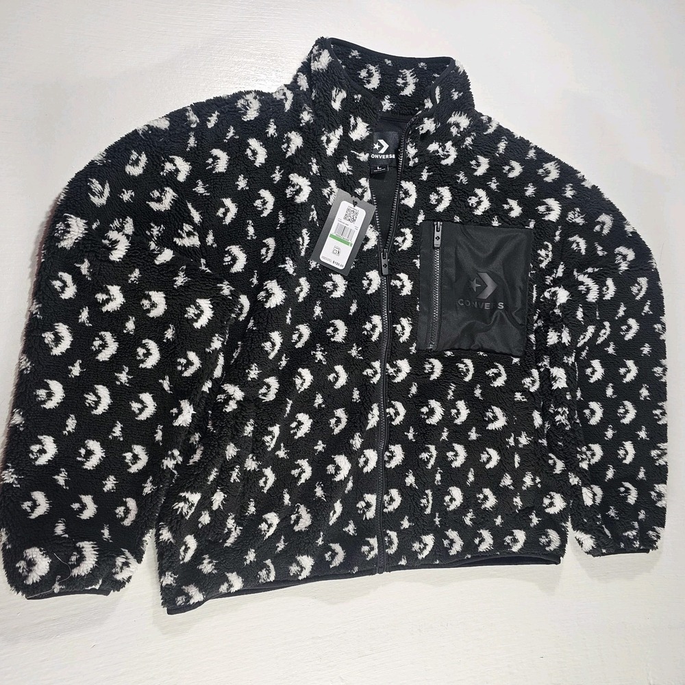 NWT Converse Women Black Logo Patterned Fleece Teddy Full Zip Jacket L MSRP $120